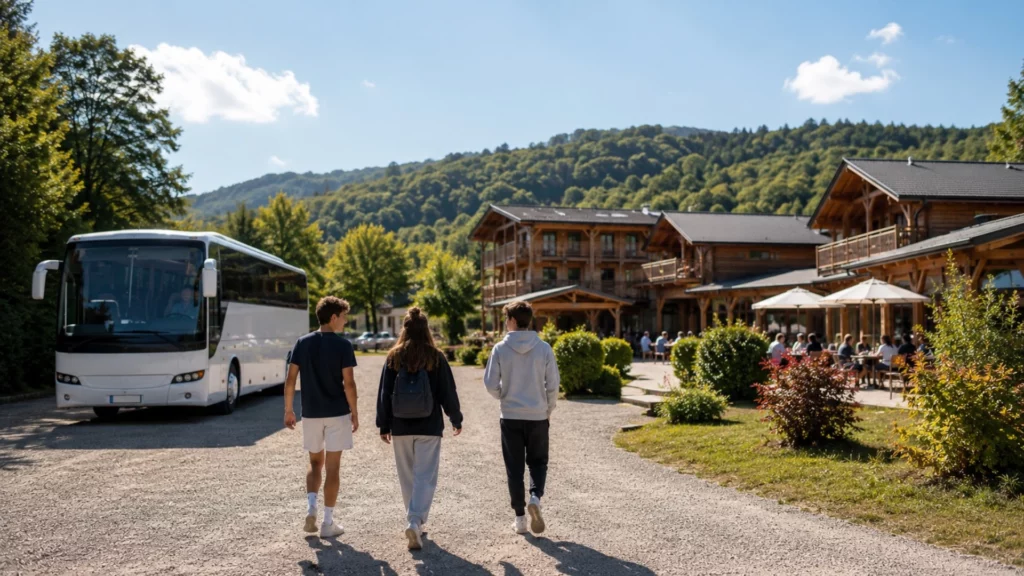 Étudiants arrivant en bus devant leur hébergement lors d’un week-end d’intégration.