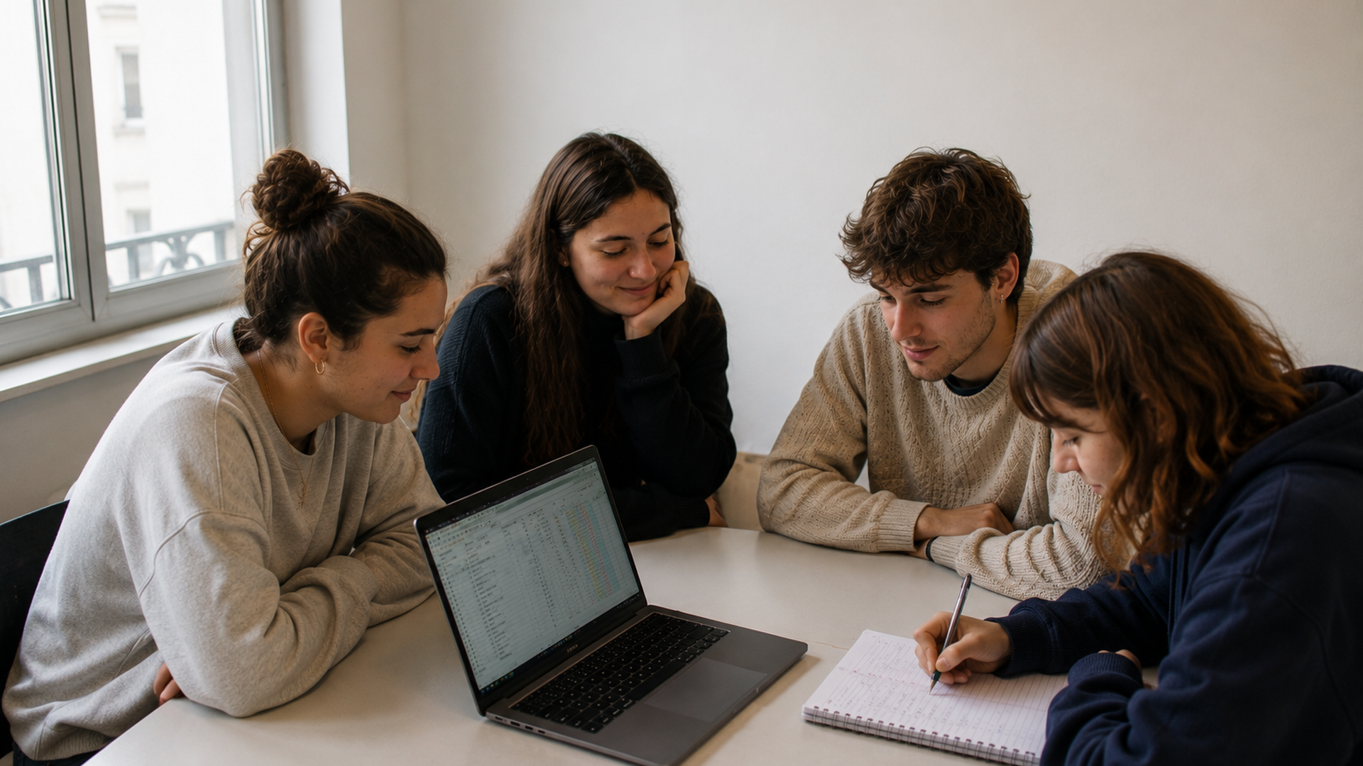 Membres d'un BDE préparant le budget prévisionnel d'un WEI pas cher autour d'une table, avec ordinateur portable, feuilles de calcul et post-it