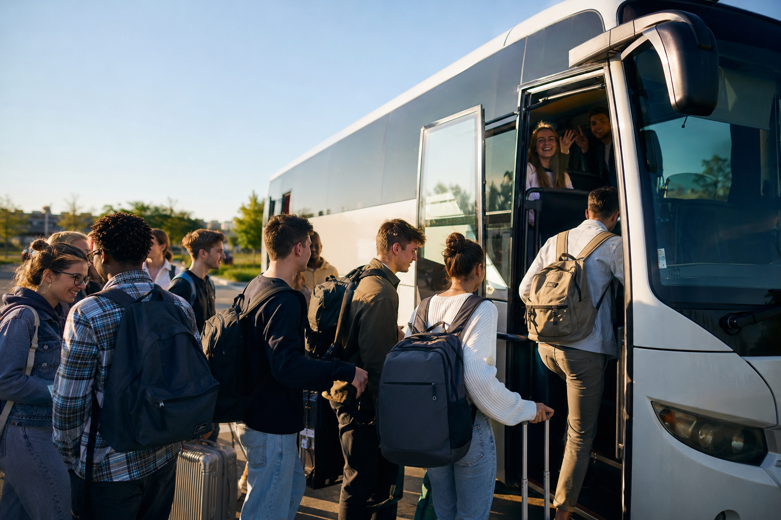 Étudiants montant dans un autocar pour un WEI de 100 étudiants