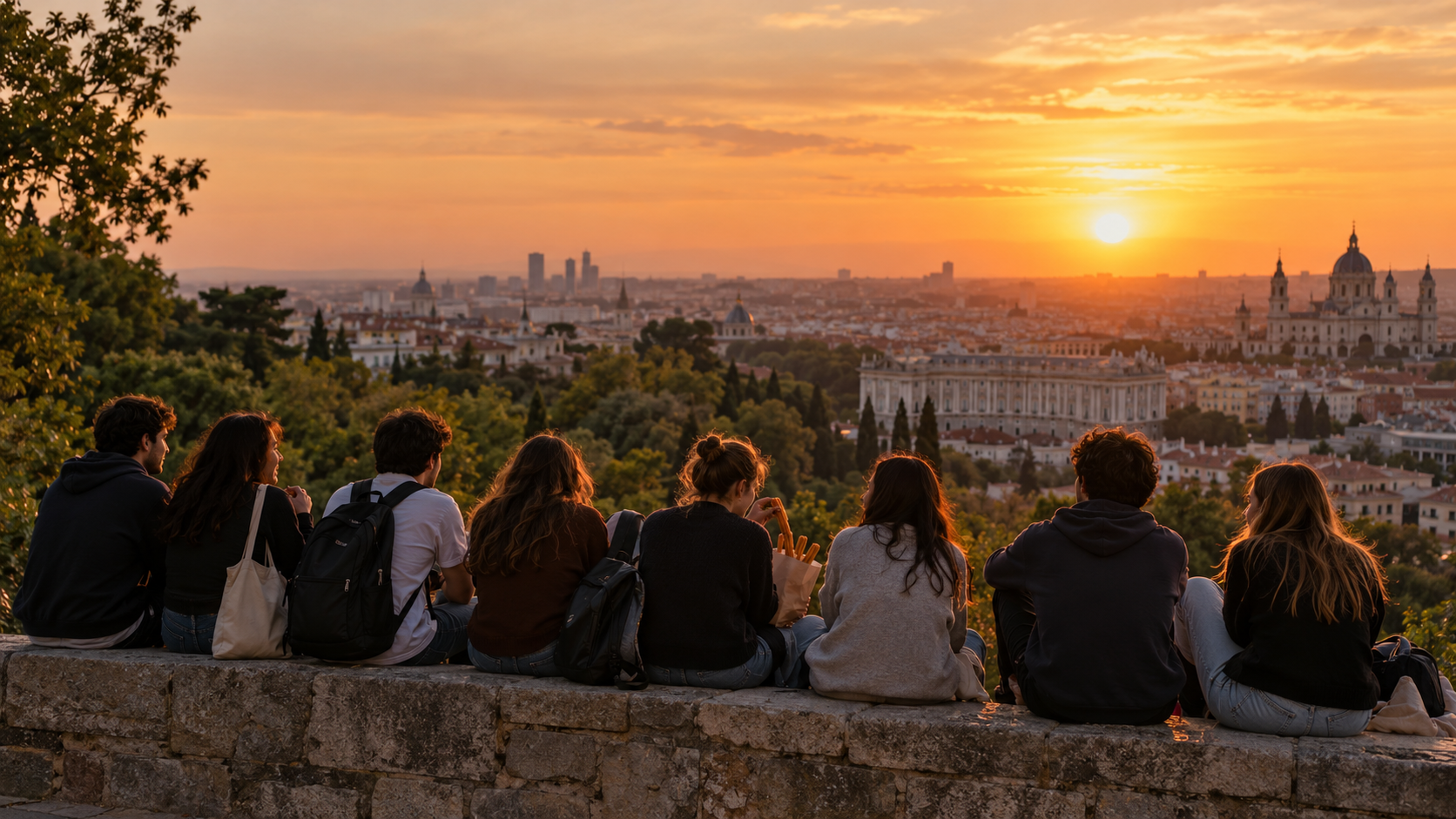 Où faire la fête à Madrid : un groupe d'étudiants au coucher du soleil