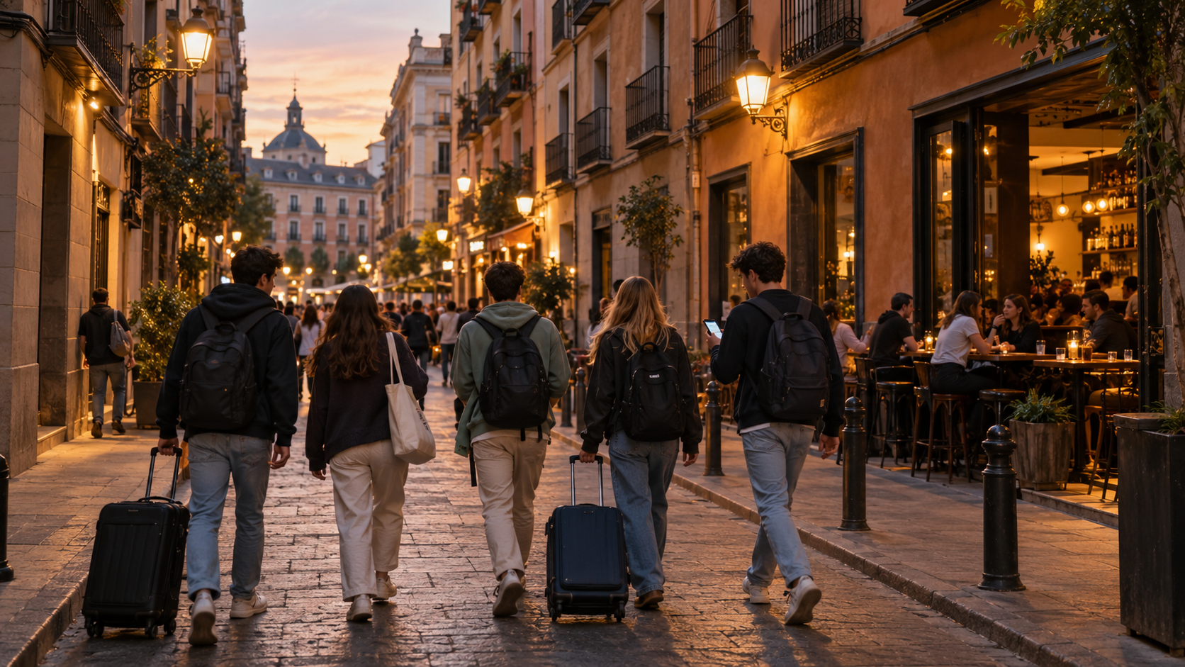 Où faire la fête à Madrid : un groupe d'étudiants avec sacs à dos dans une rue du centre